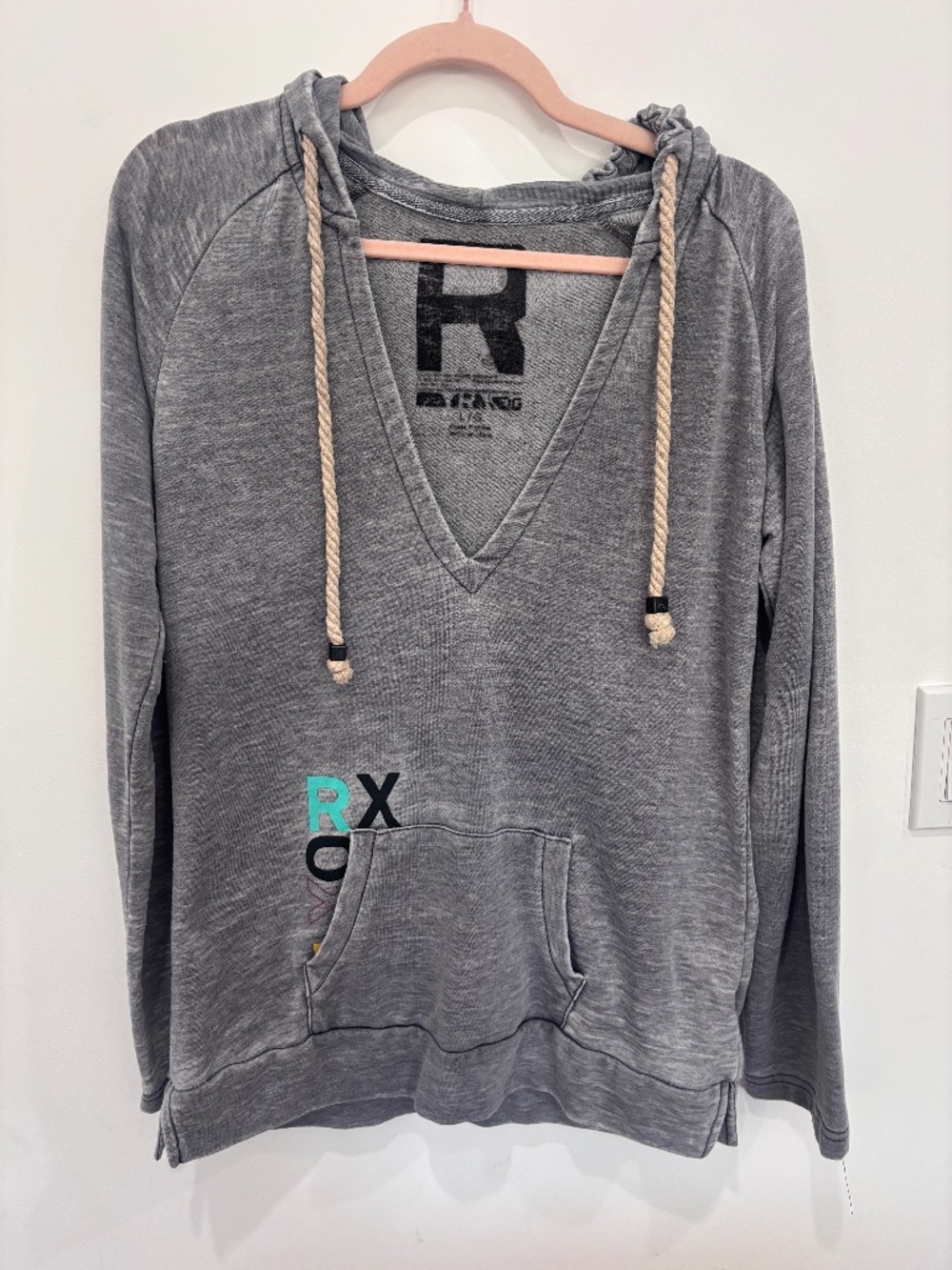Roxy Hoodie Women Large Gray Heather V-Neck Lightweight Pullover Rope Drawstring